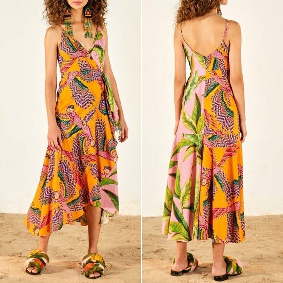 NWT FARM RIO Beaded Macaws Pink Foliage Mixed Prints Midi Dress XL - Picture 1 of 8